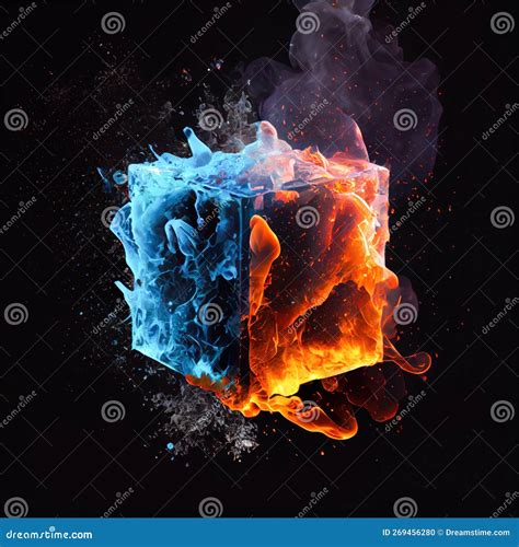 A Cube In The Clash Of Ice And Fire On Black Background Stock