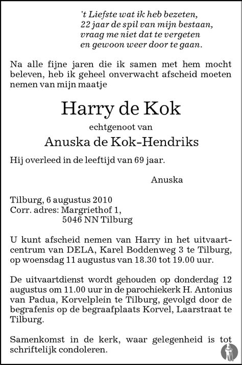 Harry De Kok 06 08 2010 Overlijdensbericht En Condoleances Mensenlinq Nl