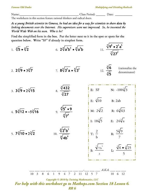 Simplifying Radical Expressions Worksheet Answers Image From In