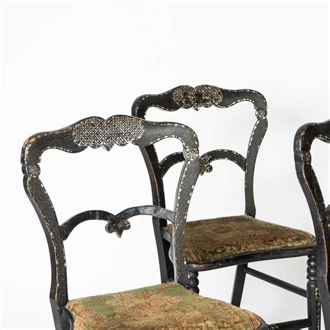 Set Of 4 Antique Ebonised Mother Of Pearl Inlaid Chairs With Velvet