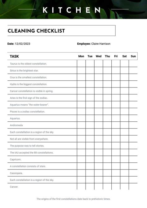 Free Professional Cuisine Restaurant Checklist Template