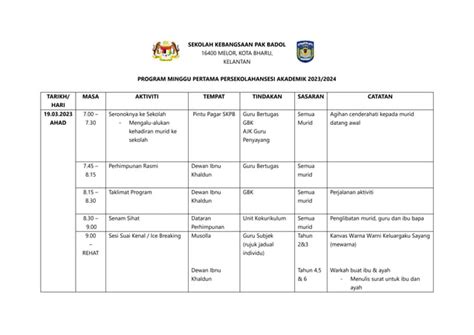 Program Minggu Pertama Persekolahan 2023 2024docx