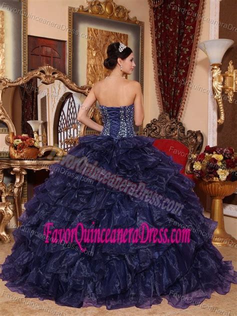 Navy Blue Sweetheart Floor Length Quinceanera Dress In Organza And Sequins