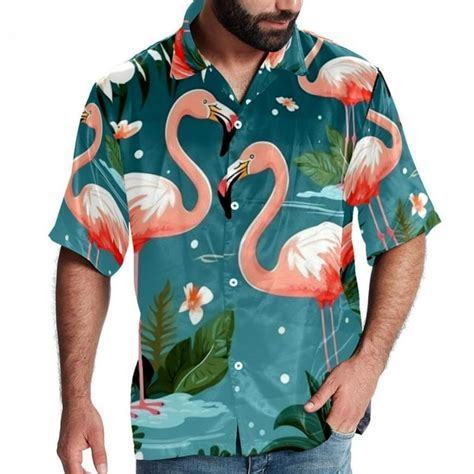 Flamingo Tropical Rainforest Mens Short Sleeve Poplin Beach Shirts