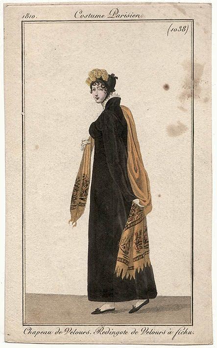 Costume Parisien 1810 Redingote De Velours à Fichu Regency Fashion