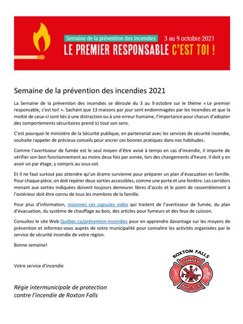 Semaine De La Prévention Des Incendies 2021 Municipalité De Roxtonfalls