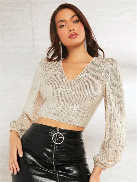 Shein Bae Lantern Sleeve Sequin Top Shein Uk