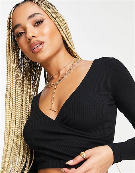 Asos Design Long Sleeve Wrap Front Crop Top In Black Asos