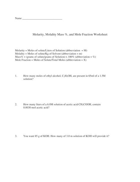 Molarity Molality Percent Solution Practice Problems With