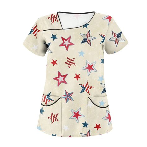 UoCefik 4th Of July Plus Size Scrubs Short Sleeve V Neck Working Nurse