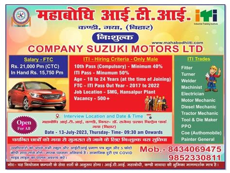 Suzuki Motor Gujarat Pvt Ltd Hiring 2023 सजक मटर गजरत परइवट