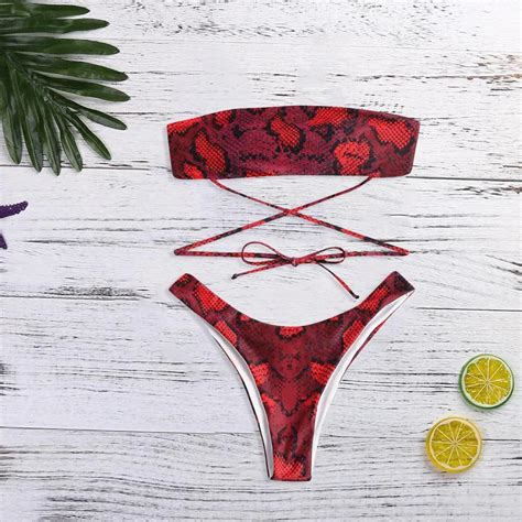 Women Snake Skin Pattern Bandage Bikini Set Brazilian Swimwear