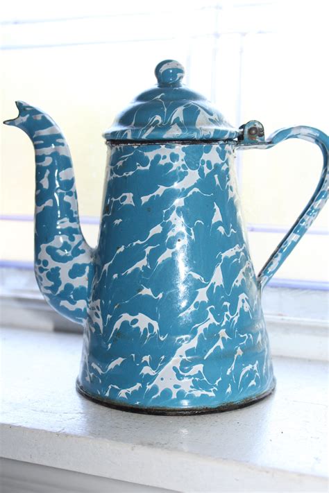 Antique Blue White Swirl Graniteware Goose Neck Coffee Pot