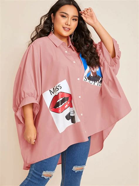 Plus Batwing Sleeve Letter And Figure Graphic Oversized Blouse SHEIN