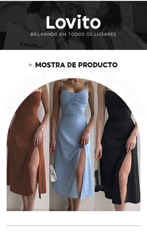 Lovito Elegante Vestido Feminino Liso Plissado Fenda e Botão