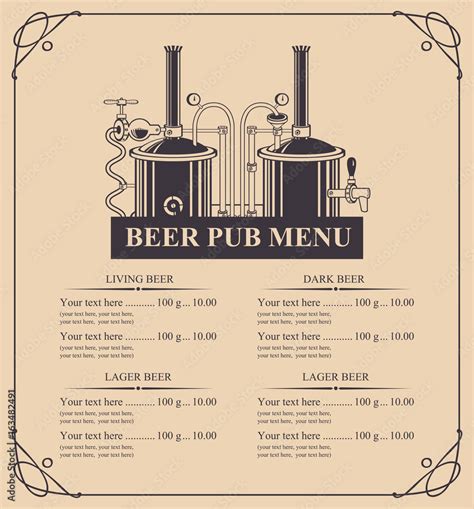 Vector menu for beer pub with price list and beer production in retro style in curly frame ...