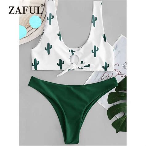 Zaful Cactus Knot Bikini Set Swimwear Women Swimsuit Plunging Neck Low