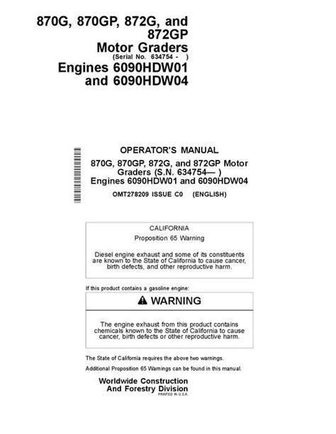 John Deere 870G 870GP 872G 872GP Motor Grader Operator S Manual OMT