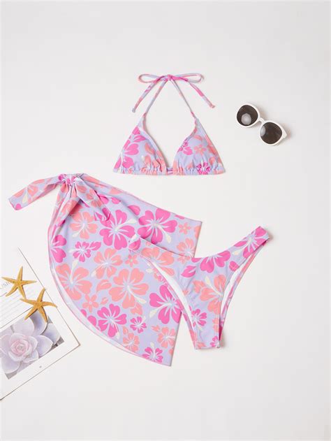 Pack Floral Print Micro Triangle Bikini Swimsuit Beach Skirt Shein Uk