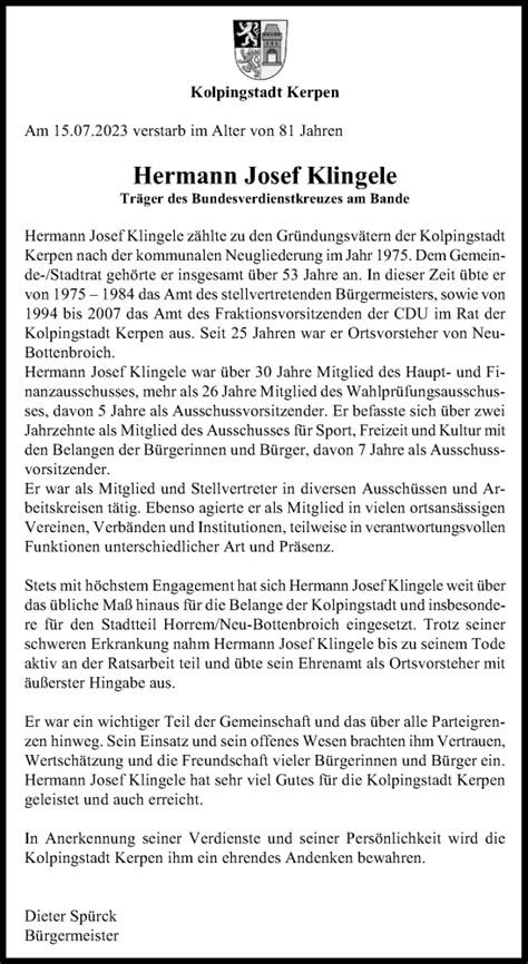 Traueranzeigen Von Hermann Josef Klingele WirTrauern