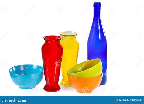 Coloured Ceramic Cups Glass Bottle And Vases Stock Image Image Of Decorative Close 22313237