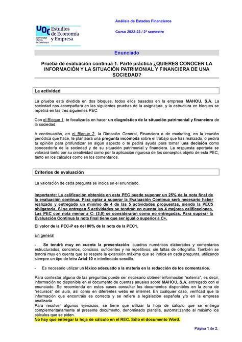 MIM AEF PEC1 P 2223 2 enunciado Análisis de Estados Financieros Curso