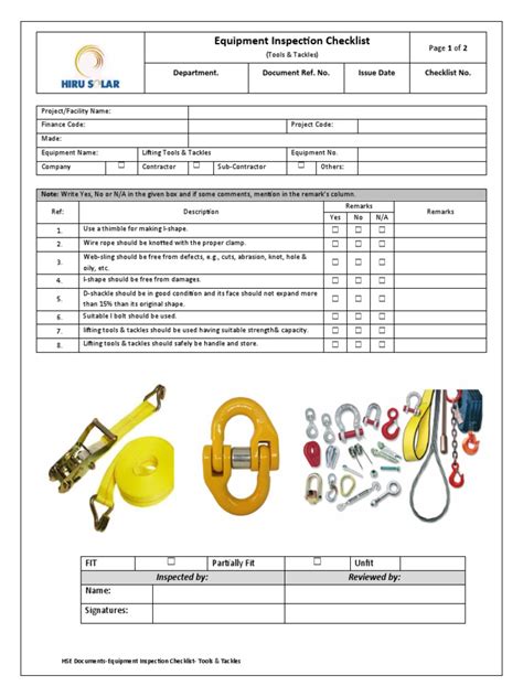 Inspection Checklist For Tools And Tackles Pdf