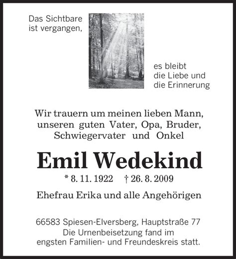 Traueranzeigen Von Emil Wedekind Trauer De