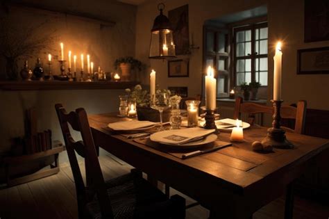 Premium AI Image | Rustic dining room with wooden table and warm lighting created with generative ai