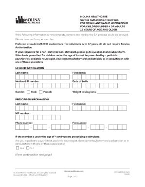 Fillable Online MOLINA HEALTHCARE Service Authorization S A Form FOR