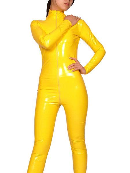 Yellow Long Sleeves Pvc Shiny Metallic Fabric Catsuit Front Zipper