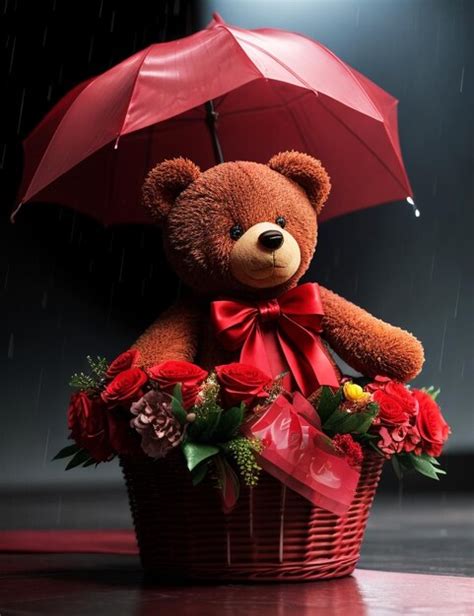 Premium AI Image | There is a teddy bear sitting in a basket with flowers