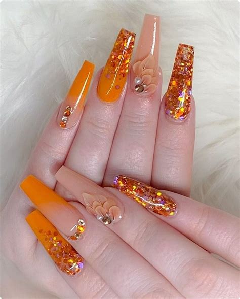 Orange Acrylic Nails Dipped Nails Makeup Hair Autumn Nails Pretty