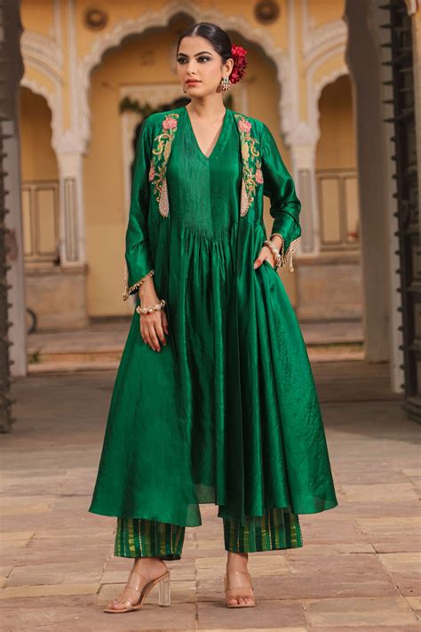 Buy Green Pure Banarasi Spun Silk Woven And Resham Anarkali Set For