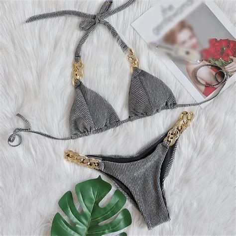Crystal Diamond Swimsuit Metal Chain Bikini Swimwear Triangle Smocked Bikini XR Hot