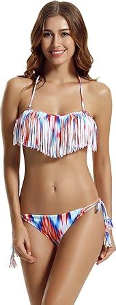 Amazon Zeraca Women S Tie Side Panites Fringe Bandeau Bikini Swimsuit Xl Chevron
