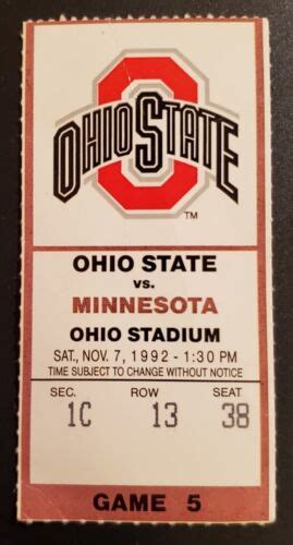 Ohio State Buckeyes Minnesota Gophers Football Ticket Stub 11/7 1992 R ...