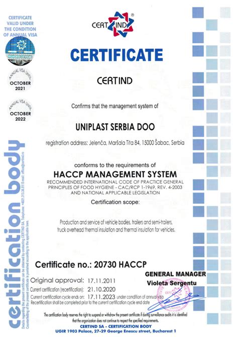 Sertifikat Haccp Eng Uniplast Serbiauniplast Serbia