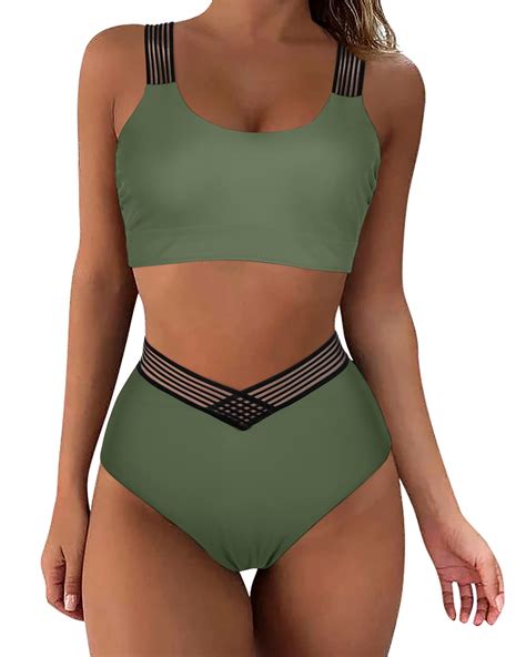 SUUKSESS Women Crisscross Slimming High Waist Bikini Sexy Mesh 2 Piece