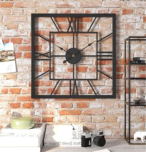 Roman Large Wall Clock With Mirror Square Rustic Wall Clock Geometric Industrial Metal Wall