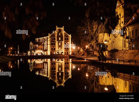 Night Lighting Old Town Reflection Idyllic Tourist Attraction