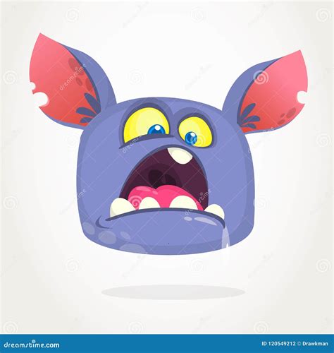 Cartoon Blue Monster With Angry Expression Opened Mouth Full Of Saliva And Big Ears. Vector ...