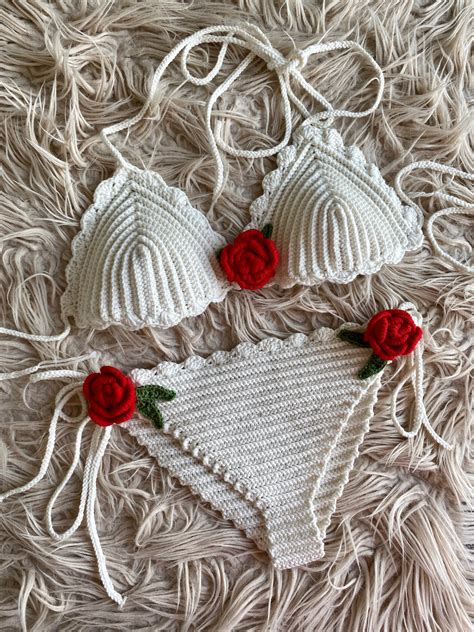 Red Rose Bikini Set Triangle Crochet Bikini Setcrochet Etsy
