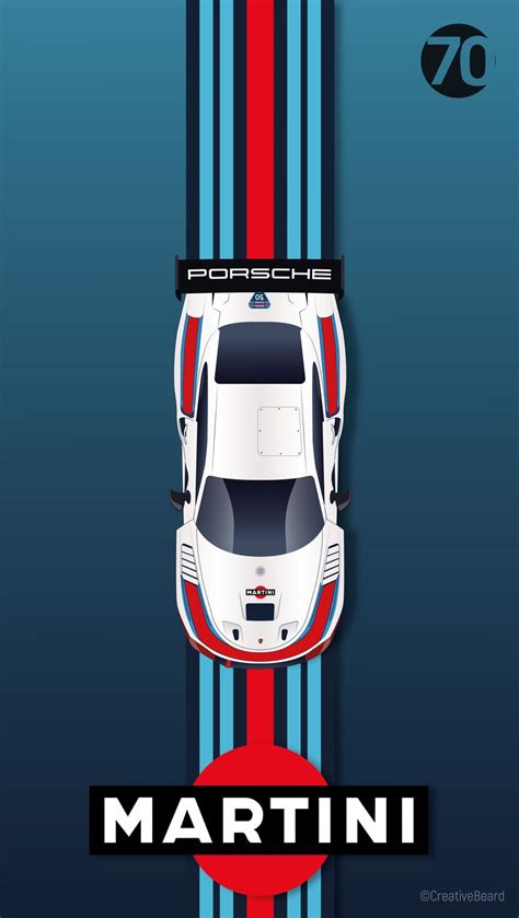 The Porsche Logo Is Shown On Top Of A White And Blue Car With Red Stripes