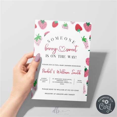 Editable Berry Sweet Baby Shower Invitation Strawberry Baby Shower