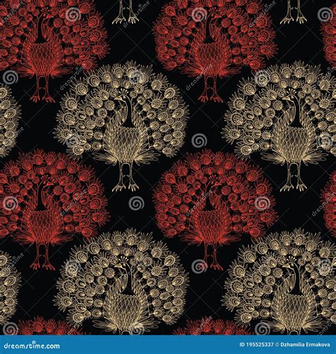 Seamless Pattern Of Drawn Decorative Red And Yellow Peacocks Stock