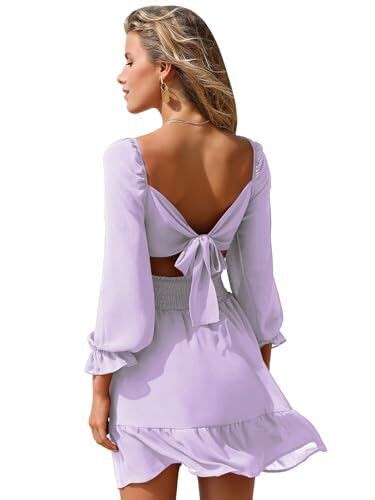 Exlura EXLURA Women Tie Back Long Lantern Sleeve Square Neck Ruffle