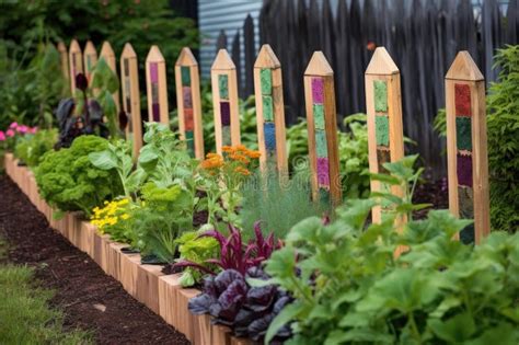 Wooden Garden Markers Labeling Rows Of Different Vegetables Stock Image