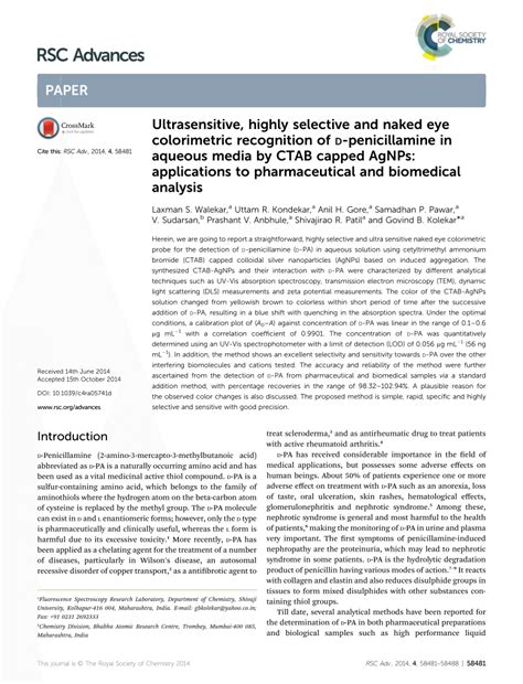 PDF Ultrasensitive Highly Selective And Naked Eye Colorimetric Recognition Of D Penicillamine