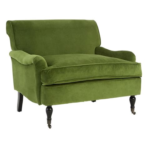 Plush Velvet Armchair In Green With Birchwood Wheeled Legs